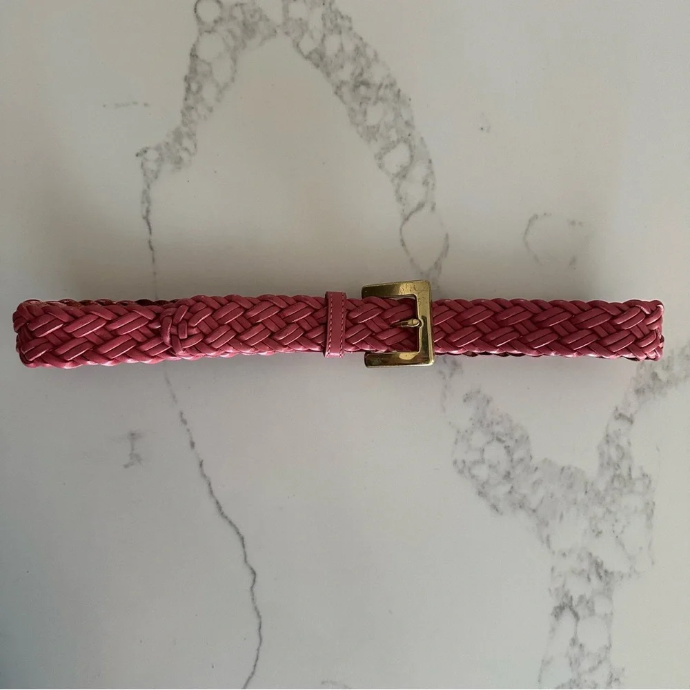 Vintage Talbots Braided Leather Belt Solid Brass Square Buckle Gloss Pink M